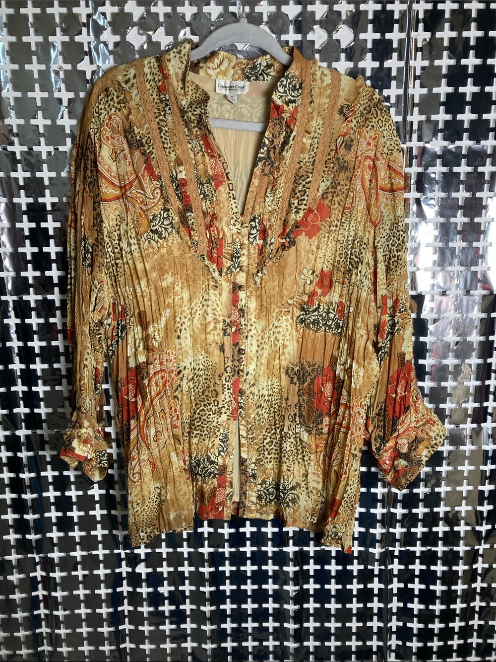Coldwater Creek Multicolor Floral Leopard Print Pleated Blouse - Tan, Red, Black
